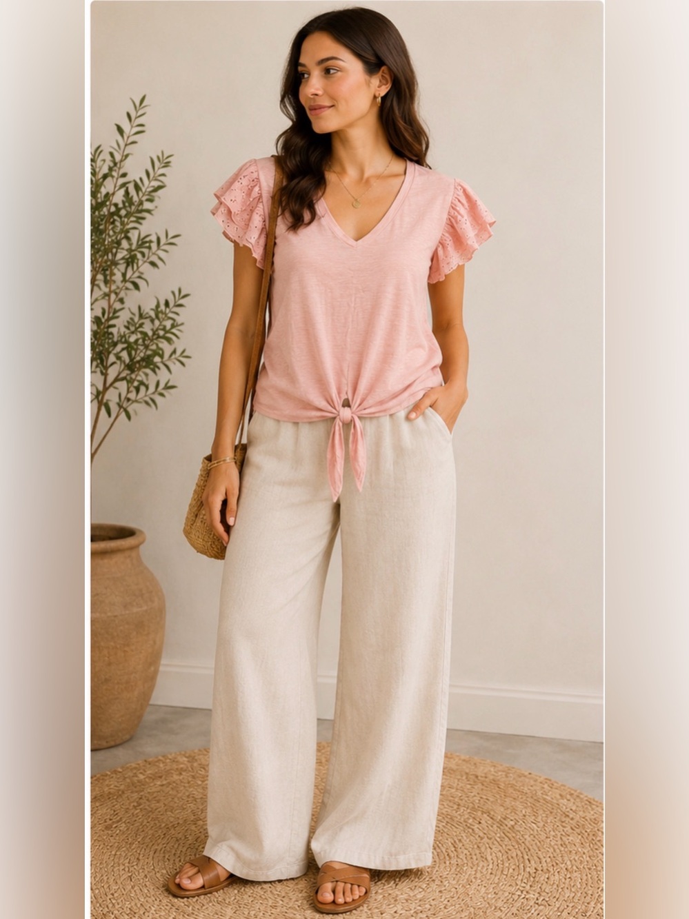 SELF E Blush Pink Eyelet Flutter Sleeve Tie Front Top Size S Cottagecore Boho
